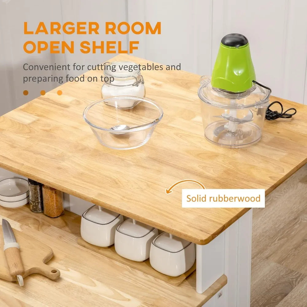 Kitchen Island Storage Cabinet with Adjustable Shelves Rubber Wood Top