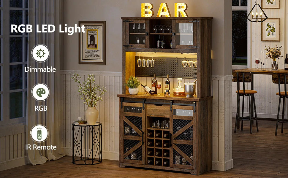 Kitchen Buffet Cabinet Coffee Bar with Power Outlet LED Light Storage