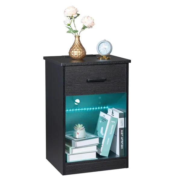 Modern LED Bedside Table with Drawer and USB Charging Black