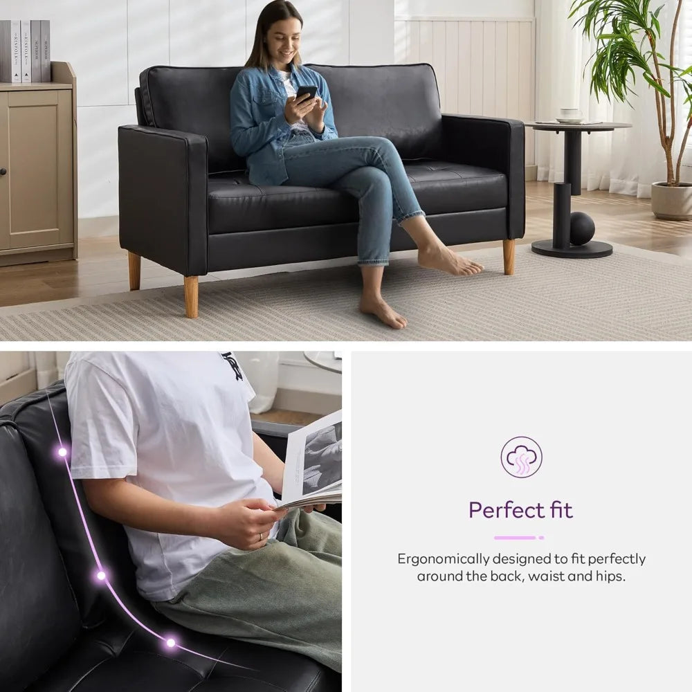 57 Inch Black Faux Leather Sofa Loveseat Mid Century Modern Style