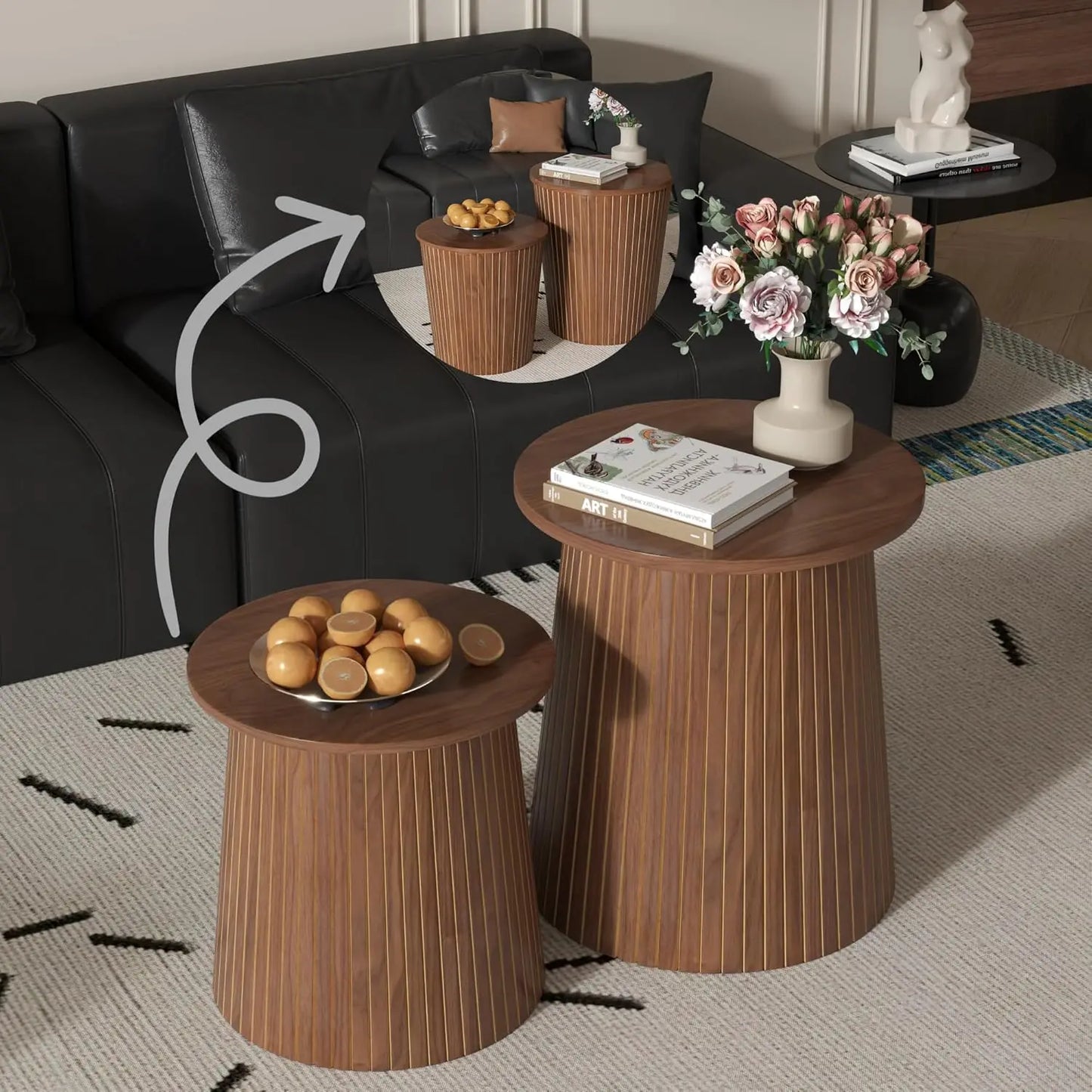 Nesting Coffee Table Set of 2 Round End Table with Storage Farmhouse Style