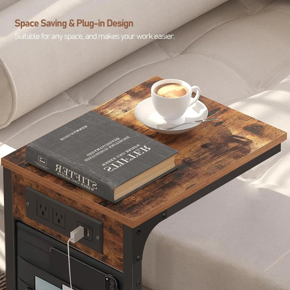 Shaped End Table Set of 2 with Charging Station USB Ports Storage Bag