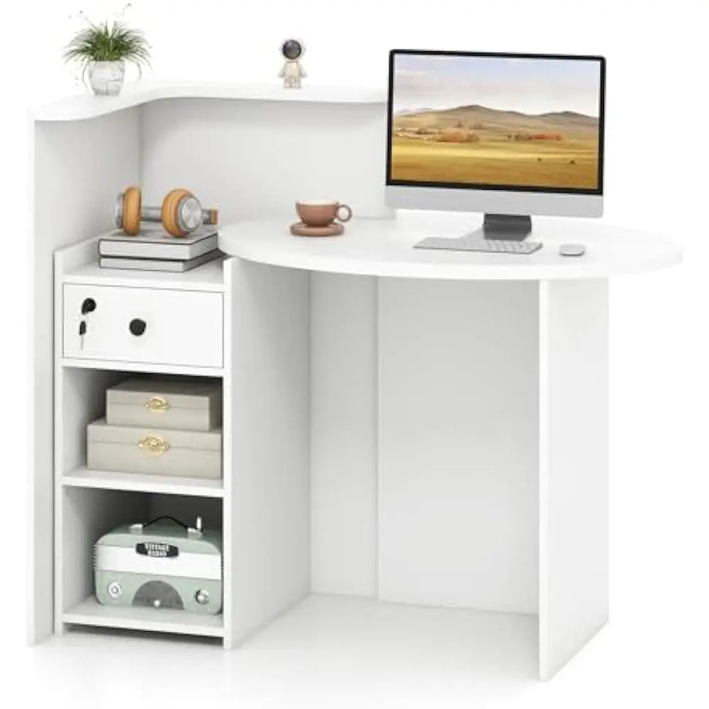 Reception Desk Front Counter Desk with Lockable Drawer and Adjustable Shelf