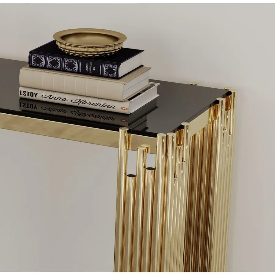 Modern Glass Console Table 55 Inch Gold Metal Frame for Living Room Entryway