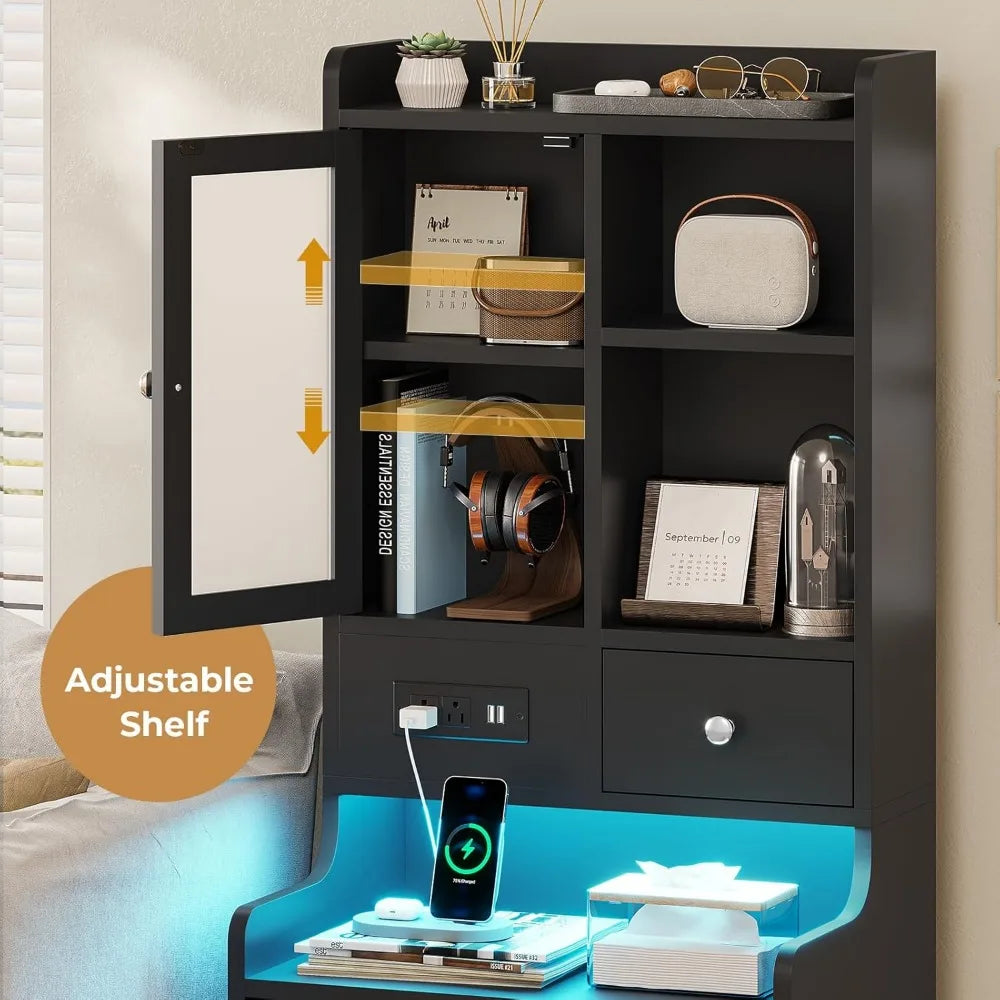 Black Night Stand Set of 2 with Charging Station and LED Lights