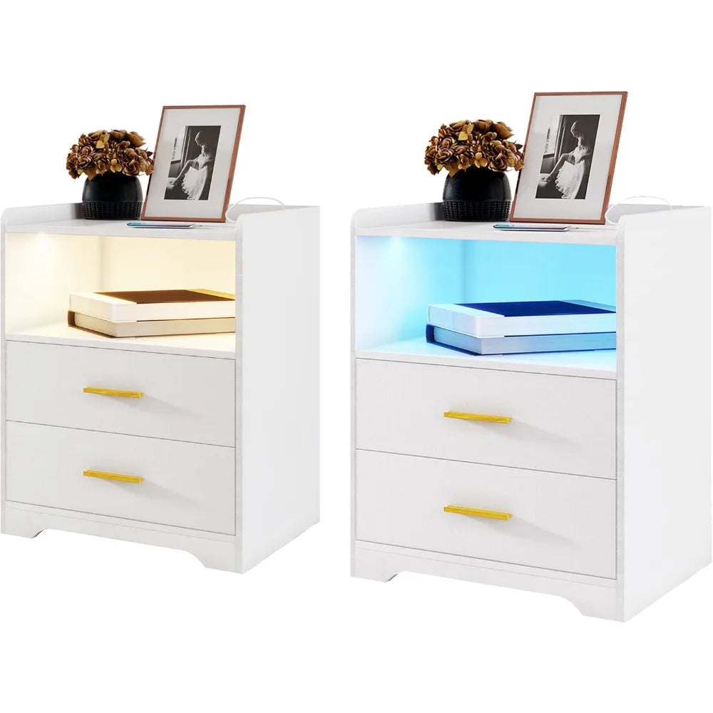 Night Stand Wireless Charging Station Smart Bedside Table 2 Drawers RGB Lighting