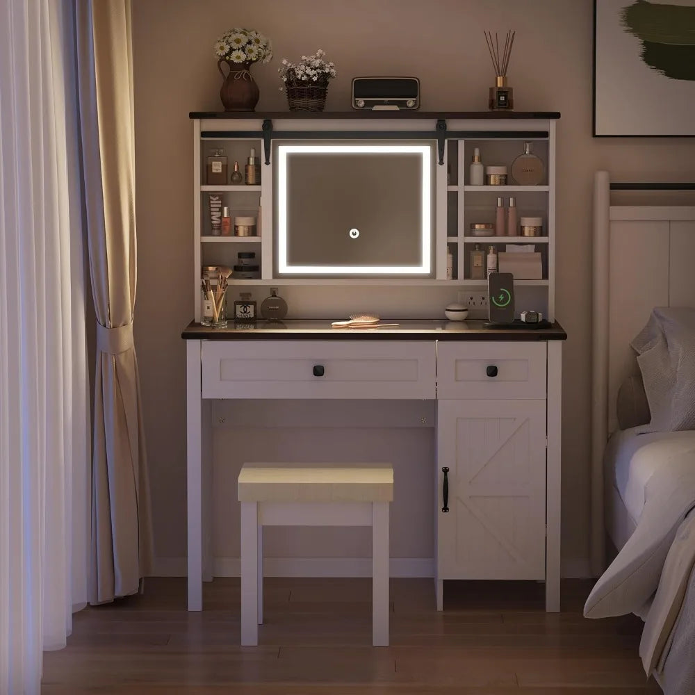 Glasstop Makeup Vanity Desk with Power Outlet Sliding Mirror 42" Farmhouse