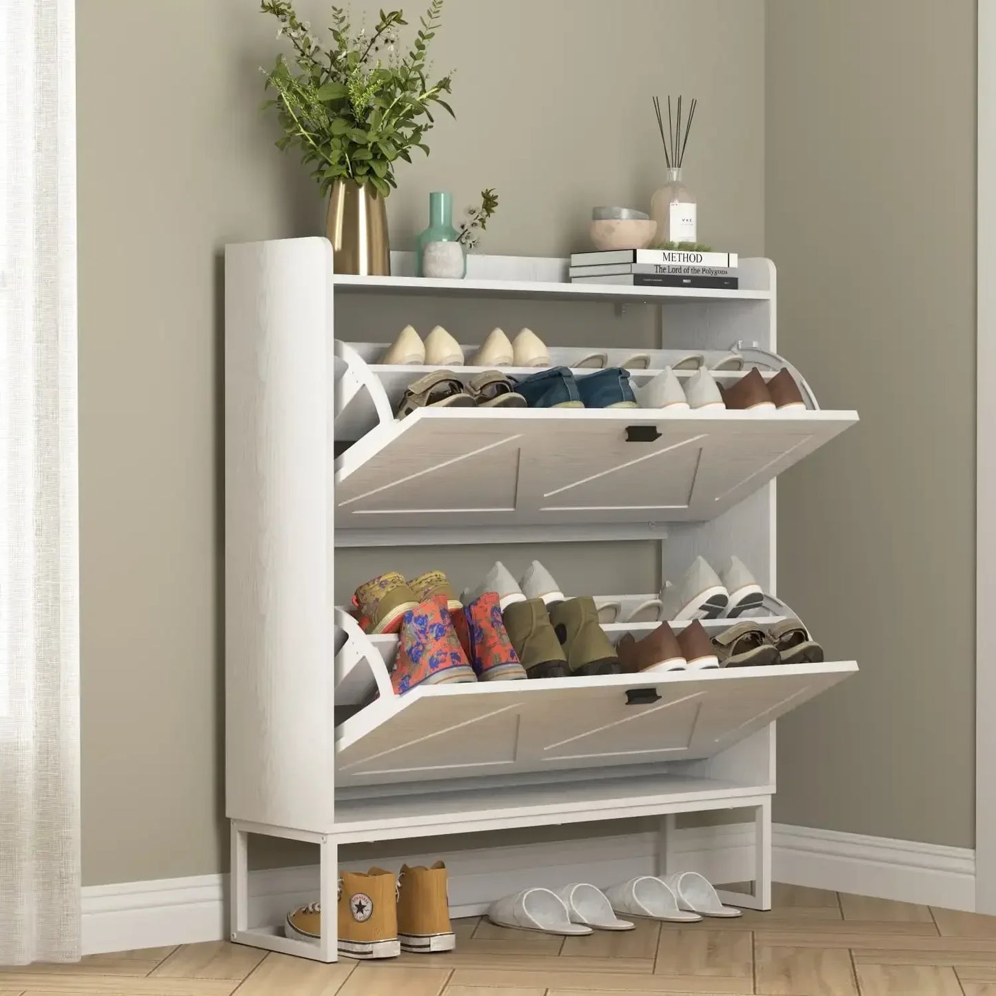 2 Tier Shoe Cabinet Storage Organizer for Entryway Hallway Living Room
