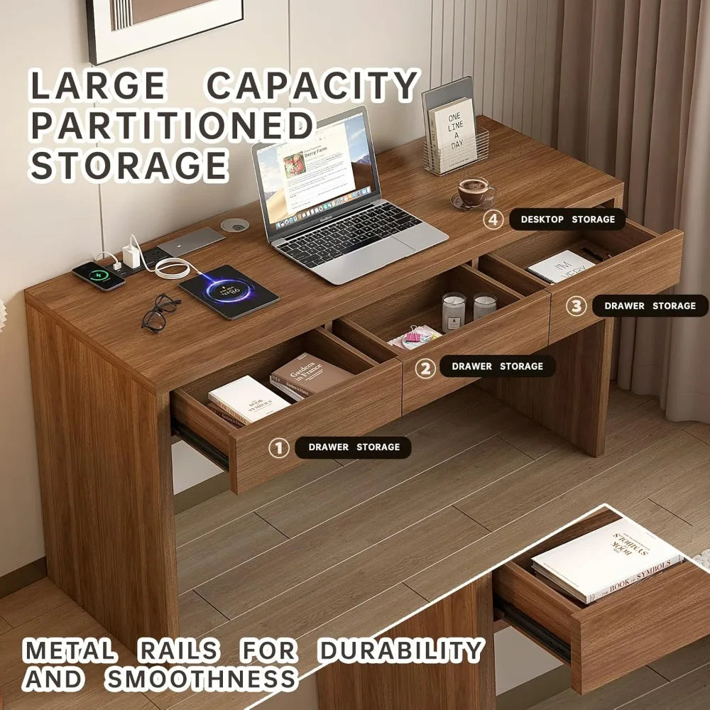 55 Inch Office Desk with Built-In USB Outlet and 3 Drawers for Home Office
