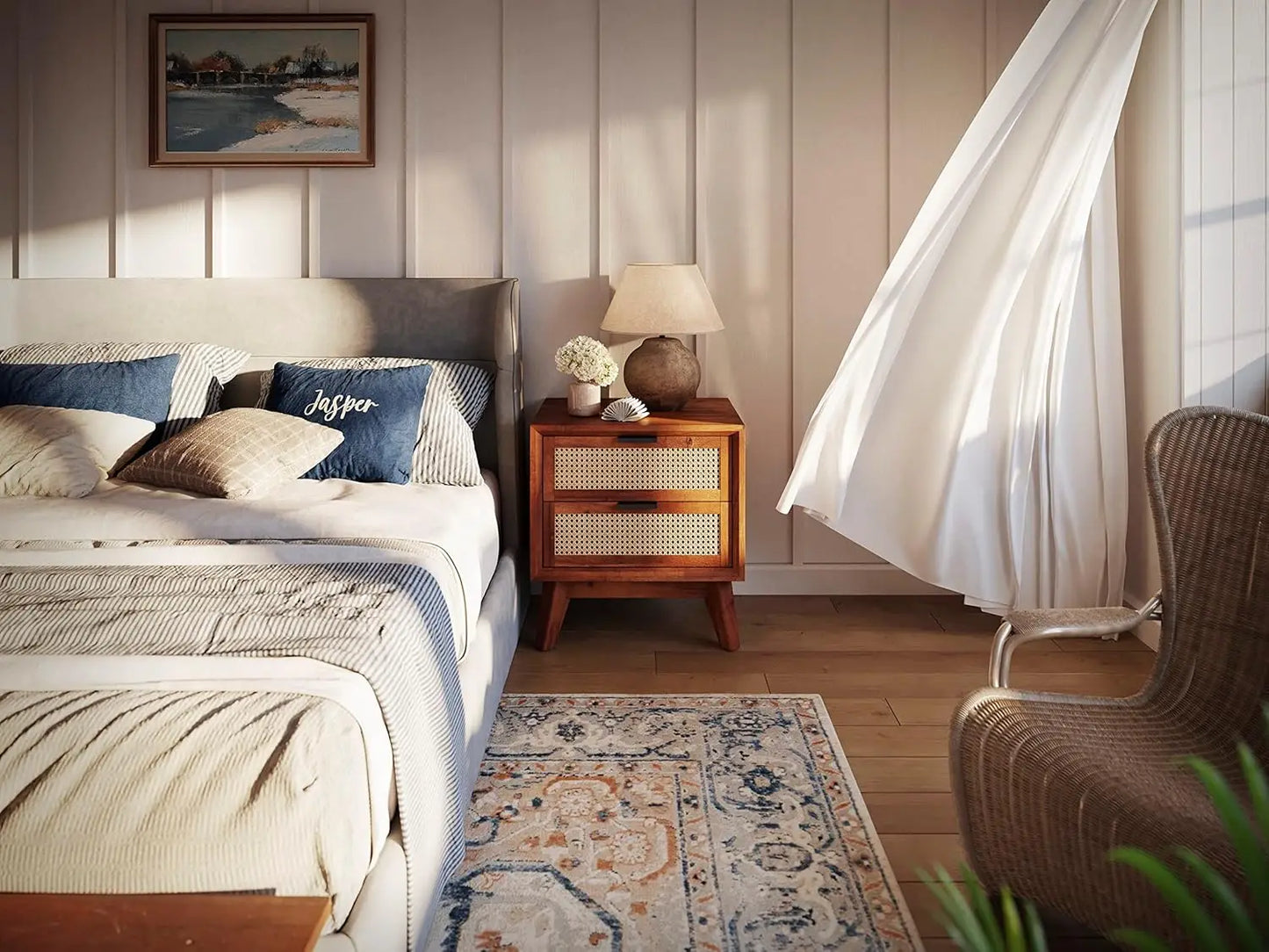 Jasper Deluxe Solid Wood Rattan Nightstand Fully Assembled Side Table