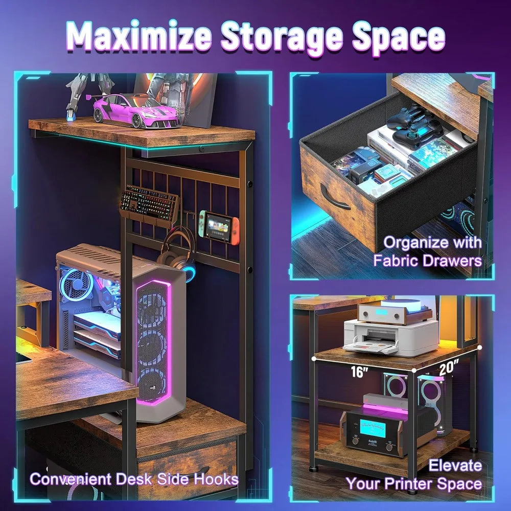 55 Inch Gaming Desk with LED Lights and Outlets Computer Desk Storage