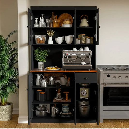 71 Inch Tall Kitchen Pantry Storage Cabinet with Microwave Stand Black