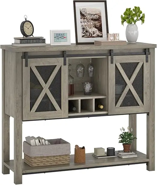 Farmhouse Buffet Storage Cabinet with Wine Glass Rack Bar Cabinet