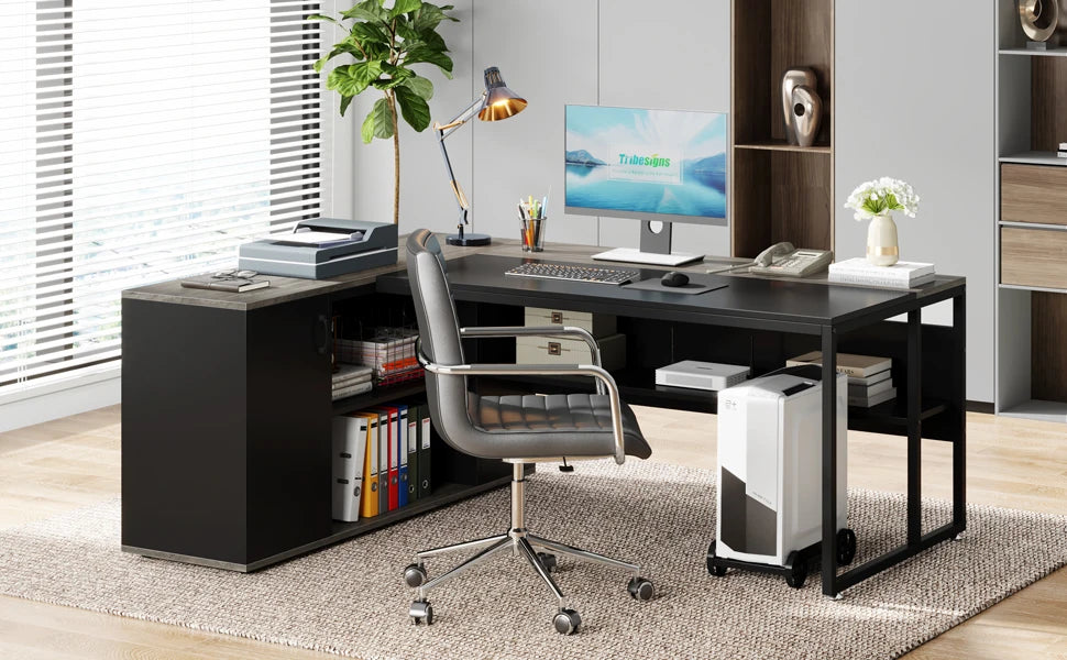 L Shaped Executive Desk with Storage Cabinet 71 Inch Office Furniture