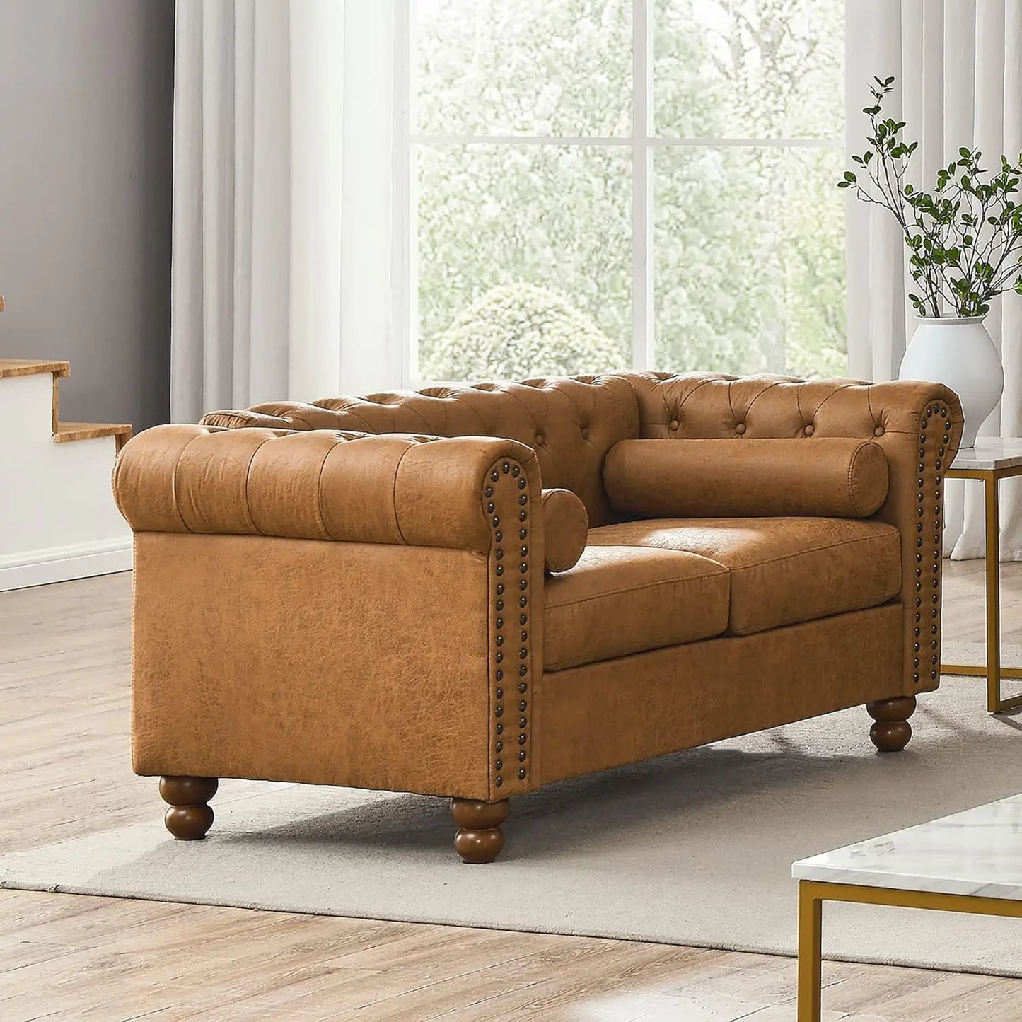 Ljustra Rolled Arm 3-Seater Sofa Couch with Nailhead Trim and Pillows