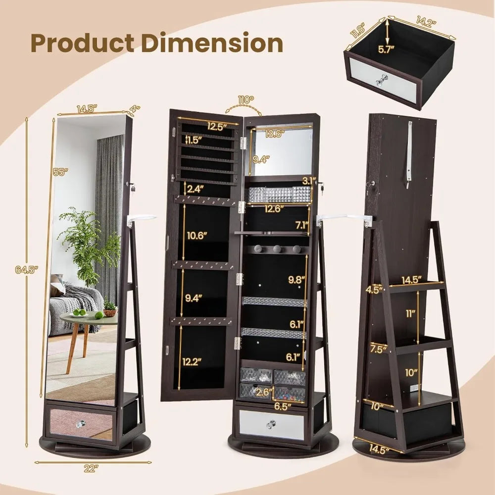 360 Swivel Jewelry Cabinet Armoire Full Length Mirror Organizer LED