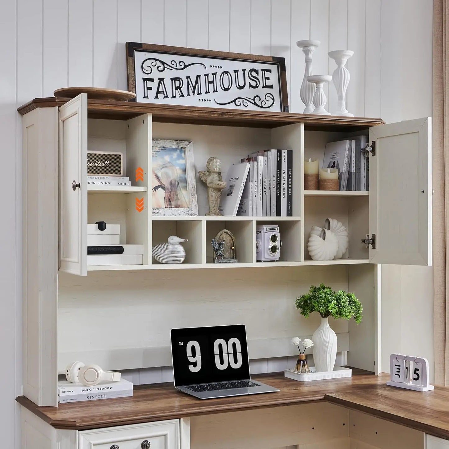 59 Inch L Shaped Executive Desk with Hutch Storage Charging Station