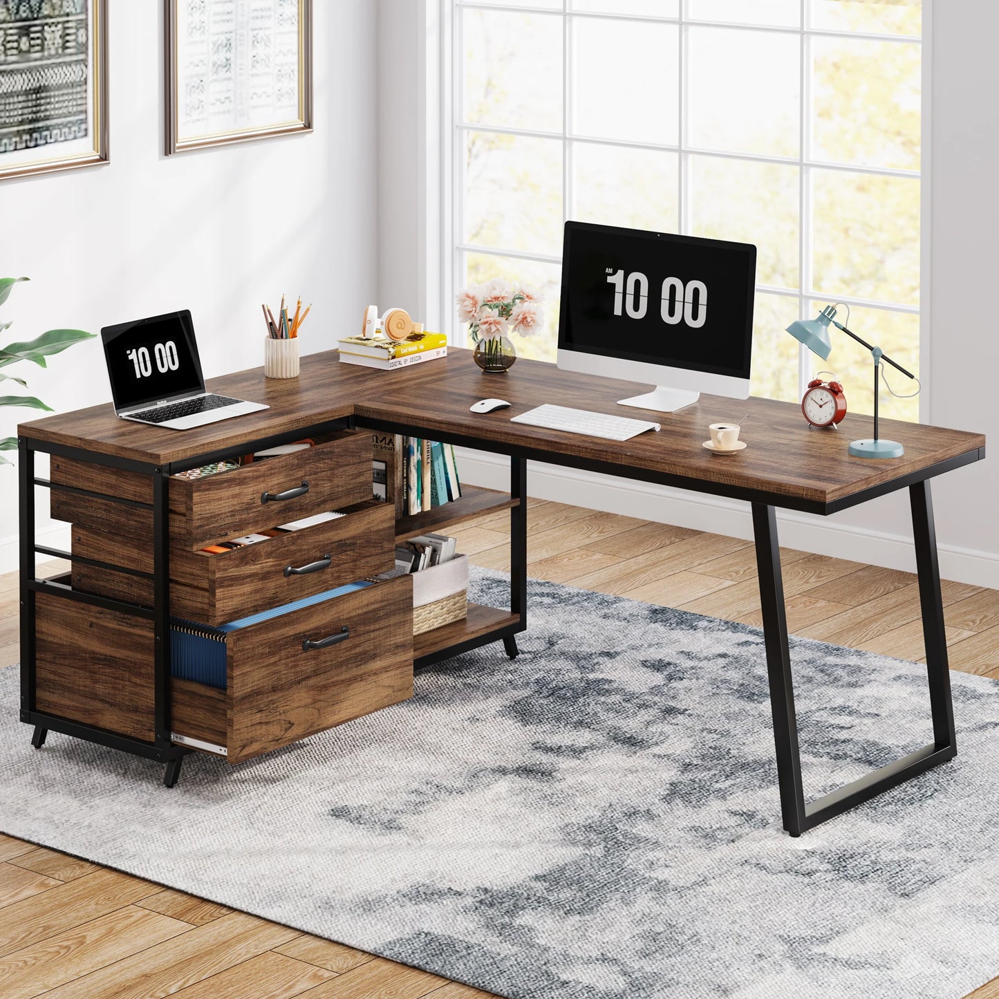 Ljustra L-Shaped Computer Desk with 3 Drawers Reversible Corner Desk