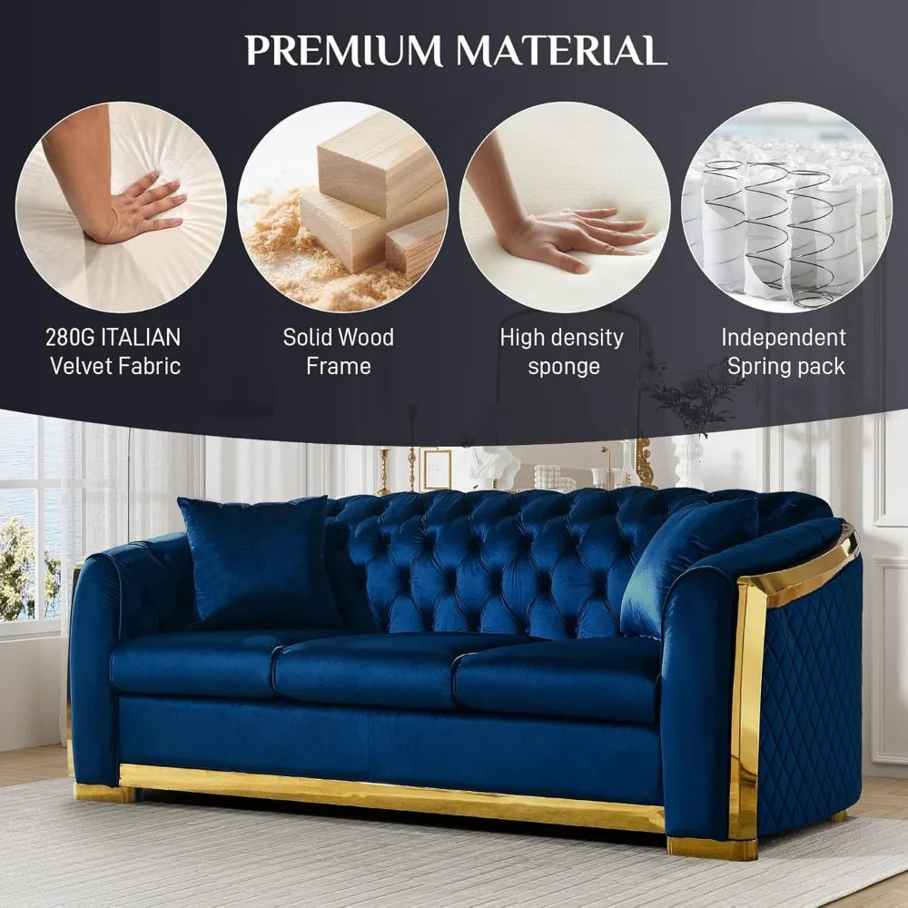 Ljustra Mid Century Modern Chesterfield Sofa Blue Gold Velvet Couch