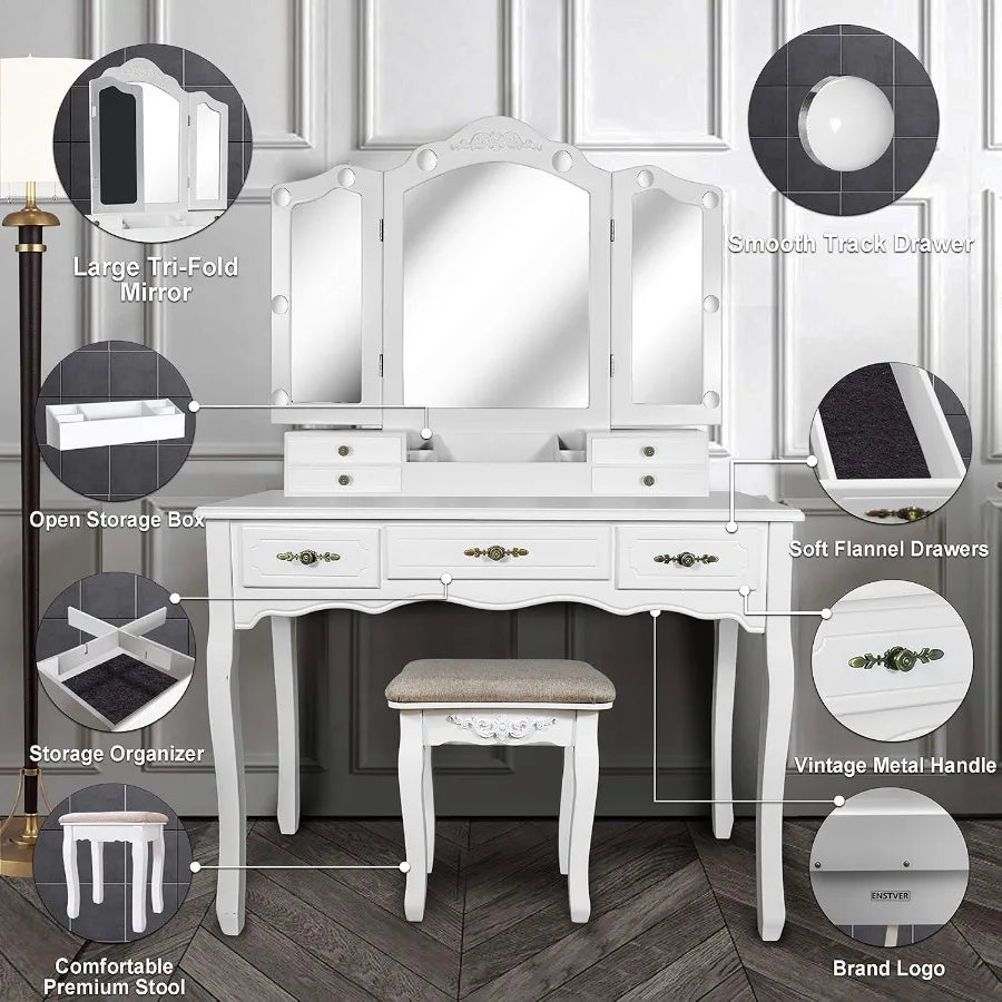 Vintage Vanity Desk Tri-Folding Mirror 6 Drawers Makeup Table with Lights