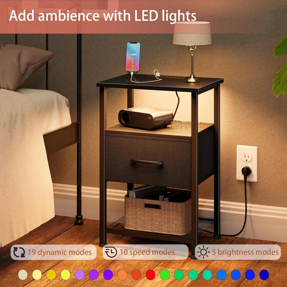 Nightstands Set of 2 with Charging Station LED Light Strip Drawer