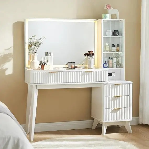 48 Inch Fluted Makeup Vanity Desk with Mirror Lights and 5 Drawers