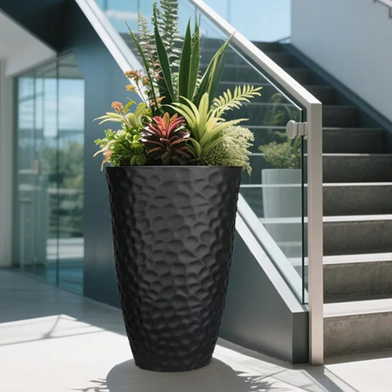 Garden Tall Hammered Texture Planters Set of 2 Matte Black Plastic
