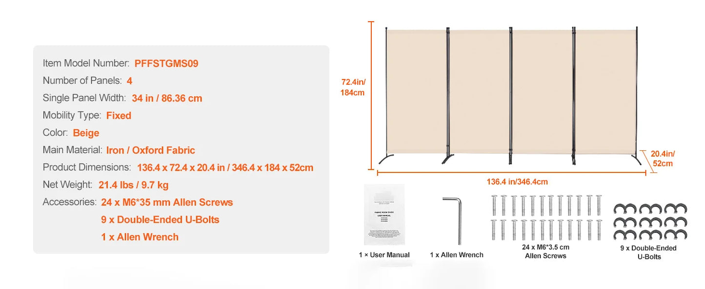 Ljustra 4 Panel Room Divider Folding Privacy Screen Freestanding Partition