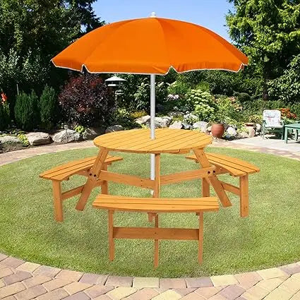 10 Person Solid Wood Outdoor Round Picnic Table and Bench Set