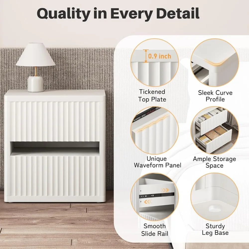 Ljustra Fluted Nightstand 2 Drawers Modern Mid-Century Storage Table