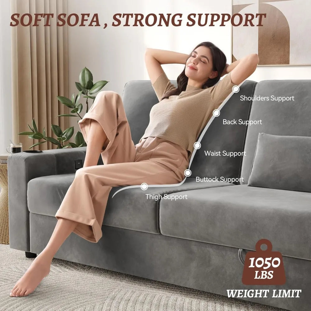 88 Inch Modern Velvet Recliner Sofa with Storage and Charging Ports