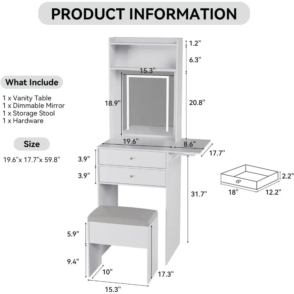 Small Vanity Desk Set with Lighted Mirror Storage Chair for Makeup