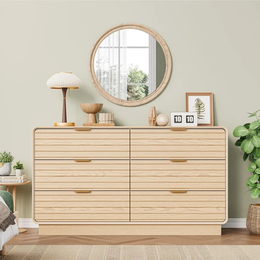 Fluted 6 Drawer Dresser Modern Bedroom Storage 54 Inch Wide Furniture