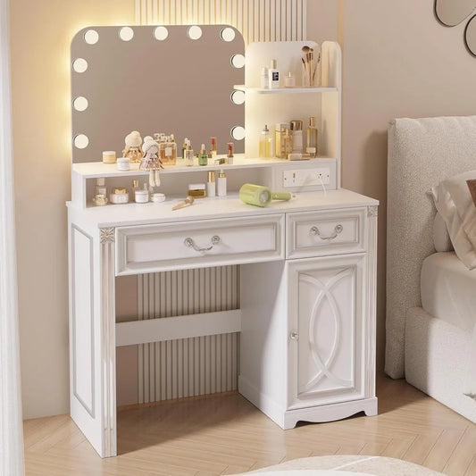 Ljustra Vanity Desk with Mirror and Lights 39 Inch Makeup Vanity Charging Station