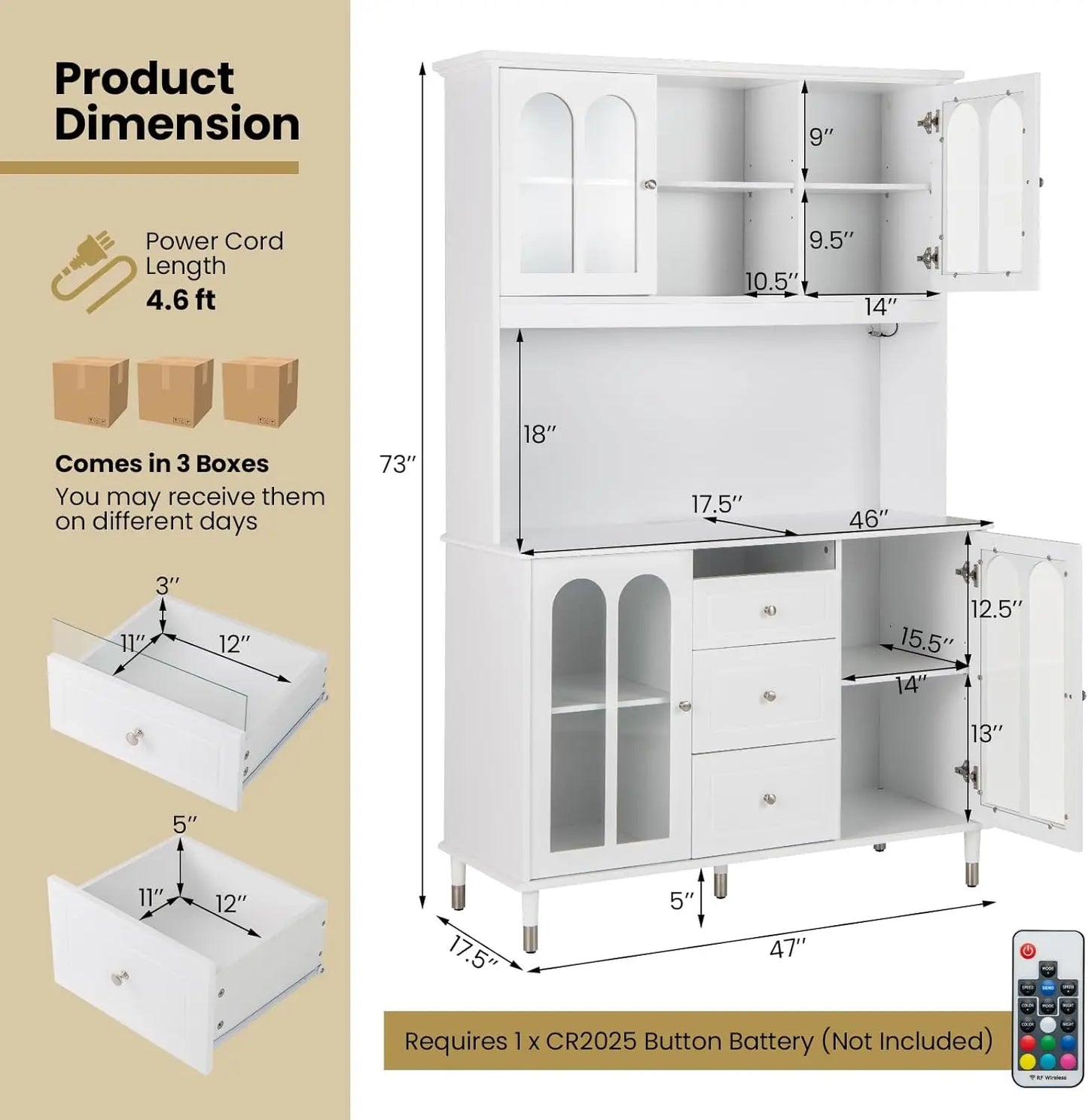 Large Kitchen Pantry Cabinet Buffet Hutch with LED Lights and Drawers
