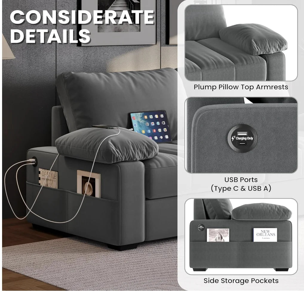 Ljustra 79 Inch Modern Velvet Sofa Couch with USB Ports & Storage