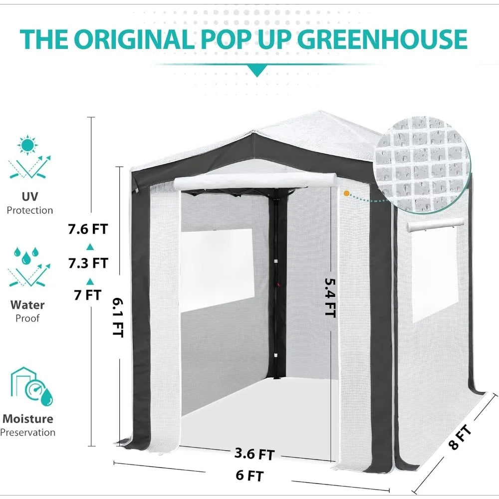8x6 Portable Walk-in Greenhouse with Zipper Doors and Mesh Windows
