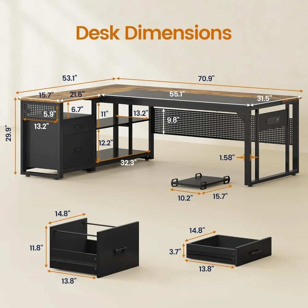 71 Inch Executive L Shaped Desk with Power Outlets and Storage