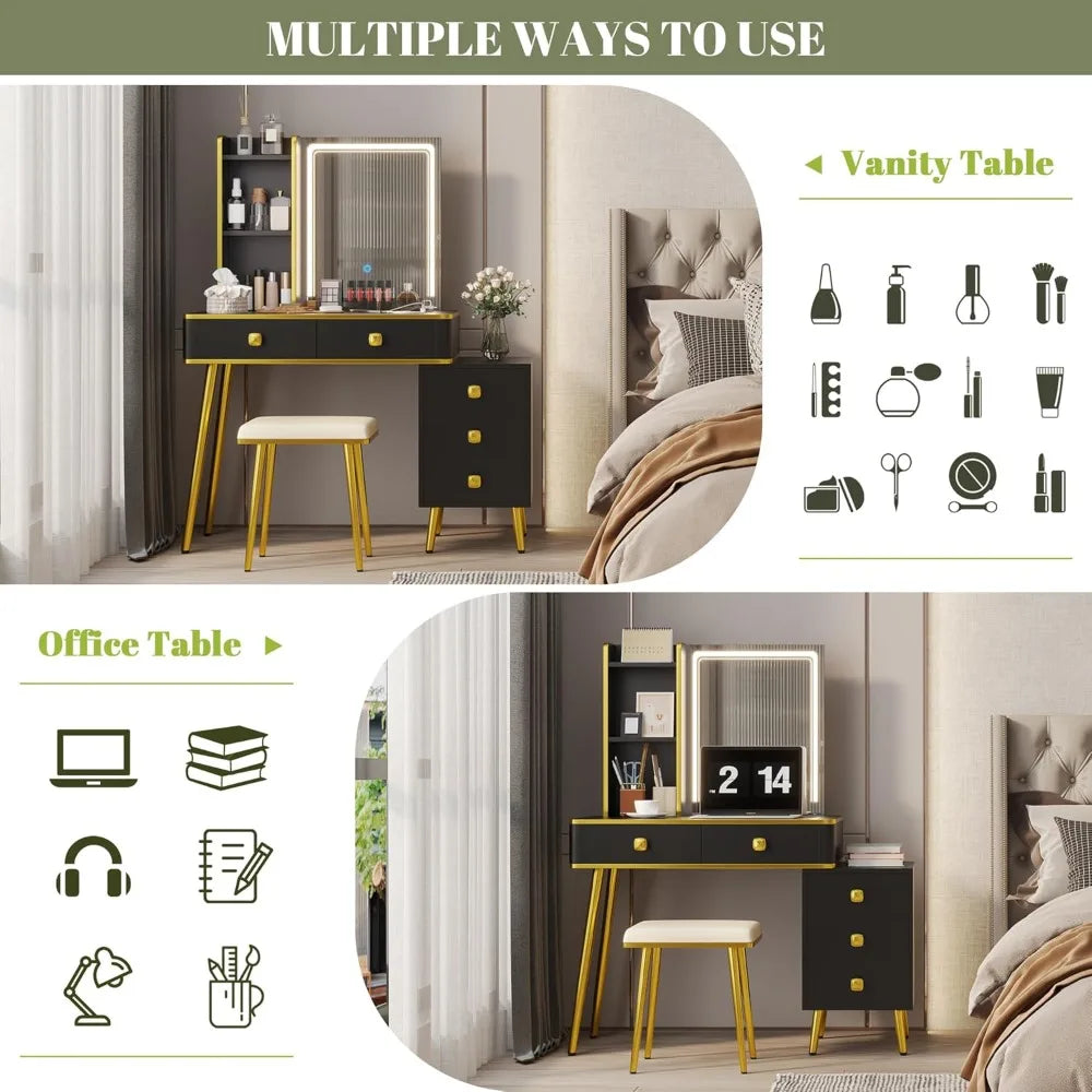 Ljustra Vanity Desk with Mirror Lights Charging Station 5 Drawers Shelves