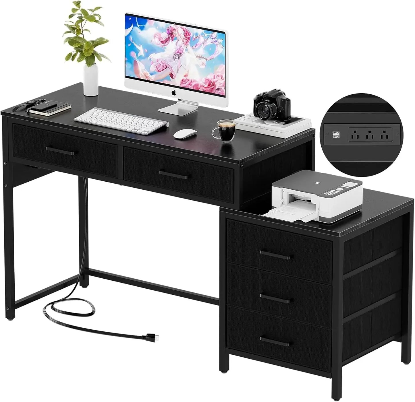 Reversible Computer Desk with 5 Drawers USB Ports Power Outlets
