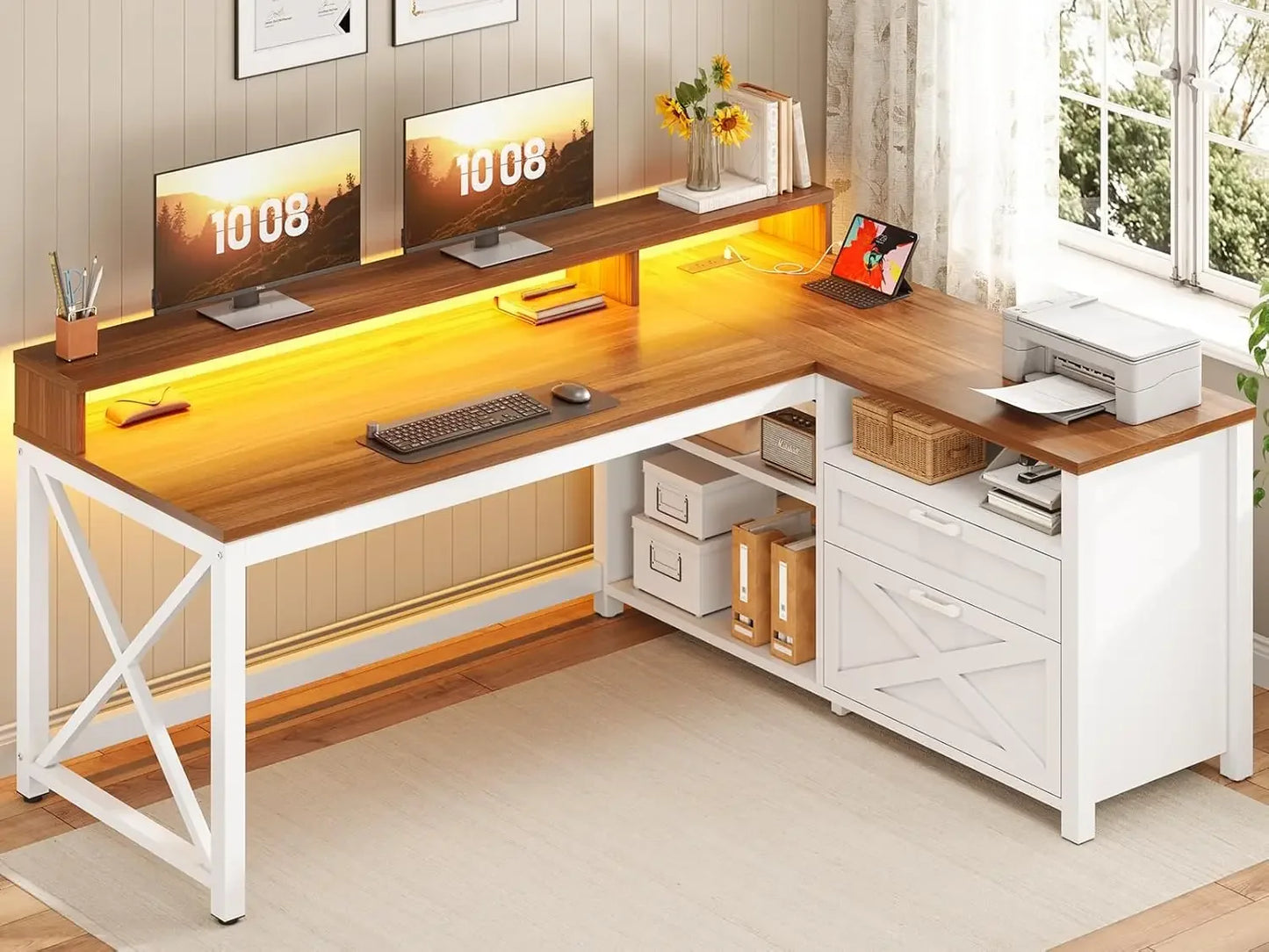 Farmhouse L Shaped Desk 55 Inch Office Gaming Desk with LED Lights