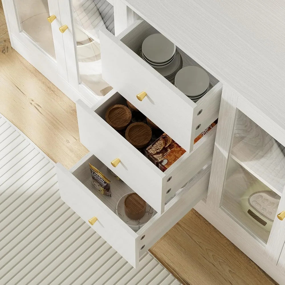 Large Kitchen Hutch Cabinet with Glass Doors 3 Drawers Microwave Shelf