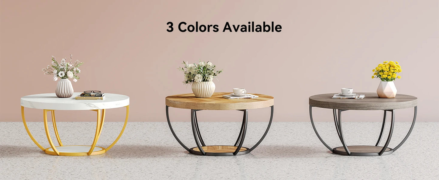 32 Inch Circle Marble Coffee Table 2 Tier Gold Metal Legs Modern Design