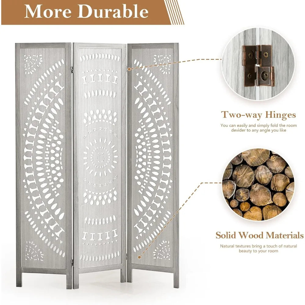 Carved 3 Panel Room Divider Folding Privacy Screen Home Decor Partition