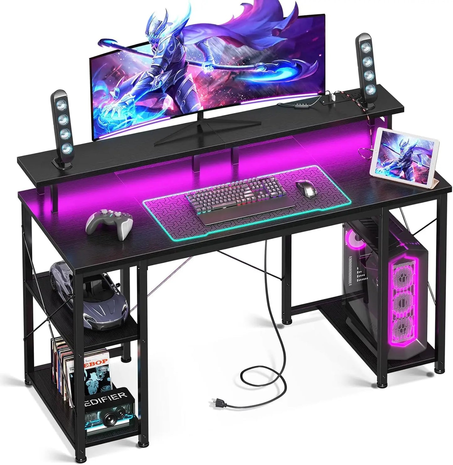48 Inch Gaming Desk with LED Lights Power Outlets Monitor Stand Storage