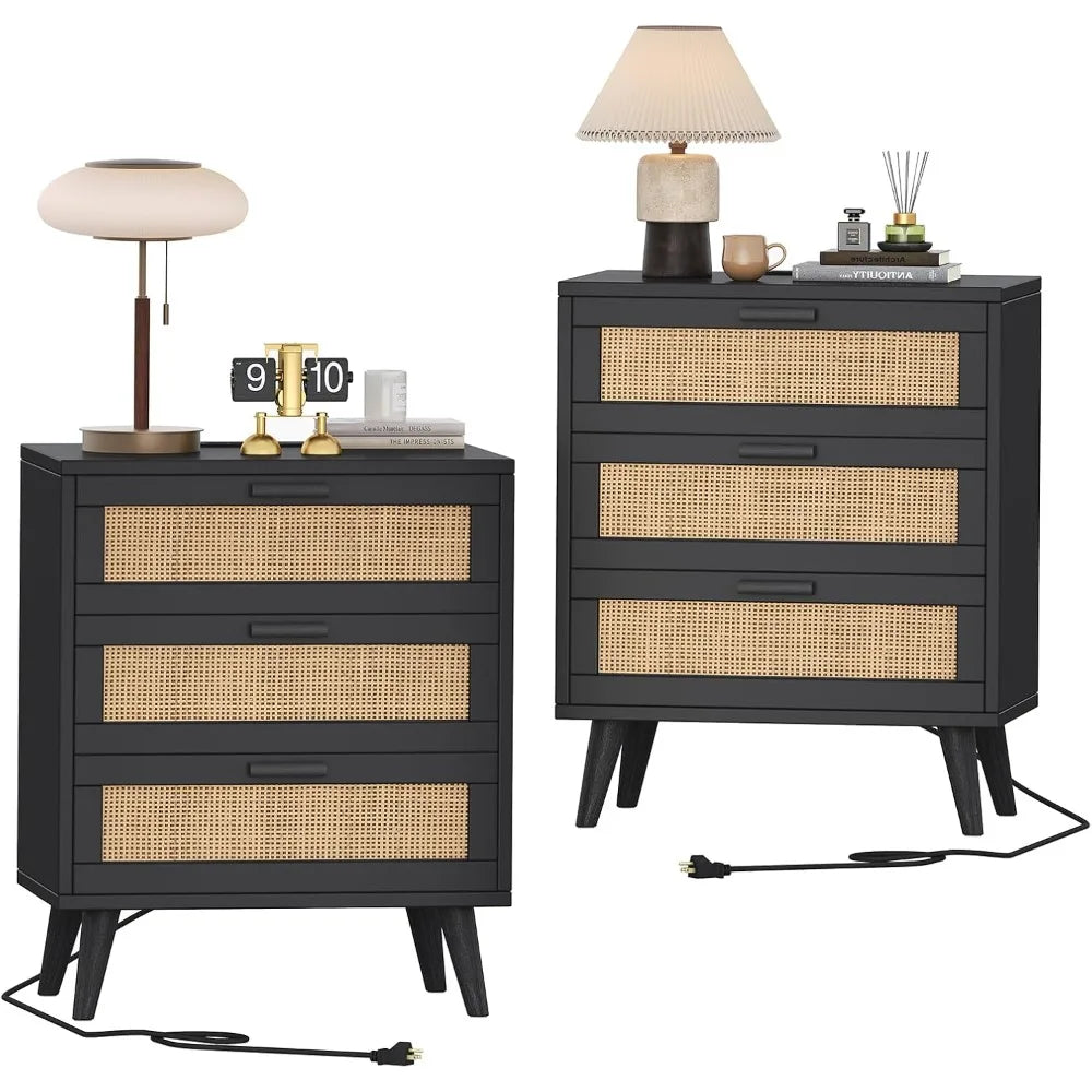 Set of 2 Rattan Nightstands with Charging Station and 6 Drawers
