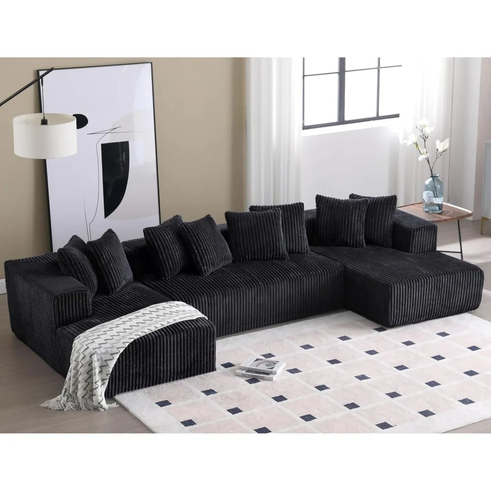 Modern Black U-Shaped Corduroy Sectional Sofa w/ Chaise Lounges, 130" Wide