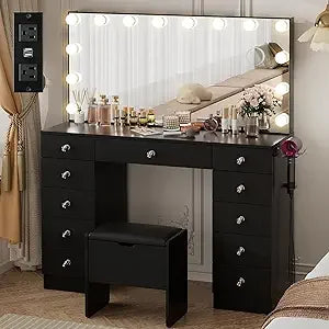 Vanity with Lighted Mirror Adjustable Brightness 11 Drawers Makeup Desk