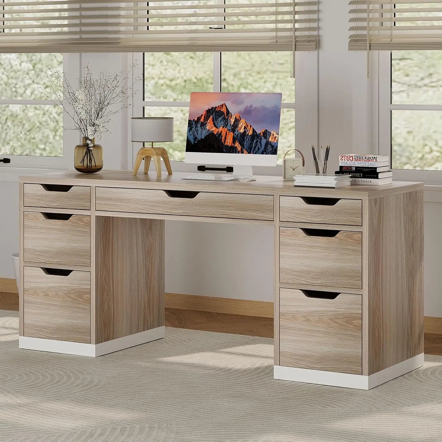 54 Inch White Desk with 7 Storage Drawers Home Office Computer Desk