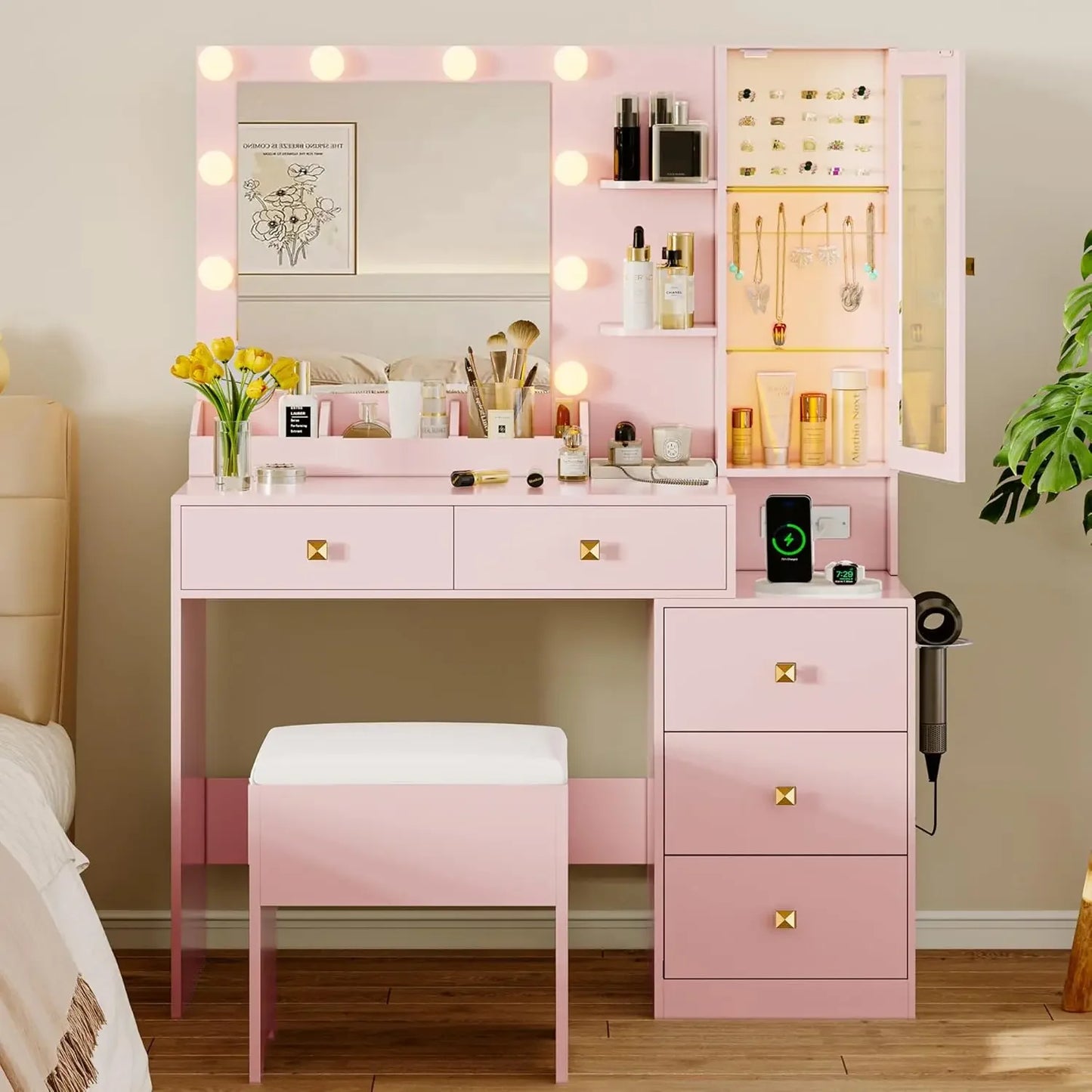 Ljustra Vanity Desk with Mirror and Lights Makeup Table Set with 5 Drawers